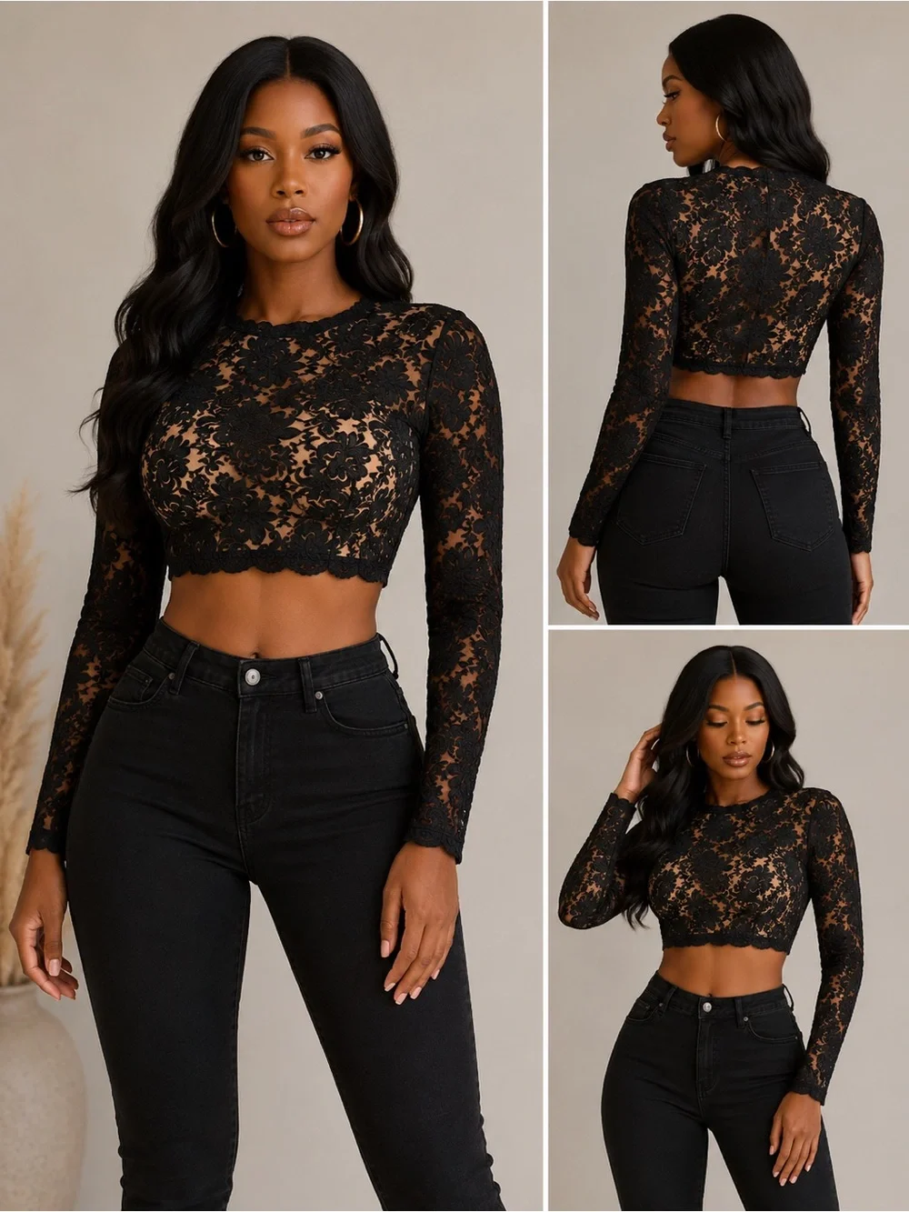 H&M Black Lace Long-Sleeve Cropped Top